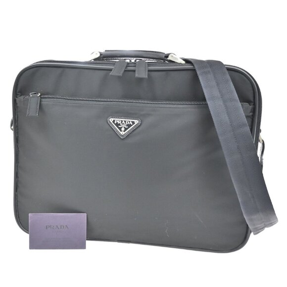 PRADA MILANO Logo Tessuto 2Way Business Shoulder Bag Nylon Leather Black 85EF079